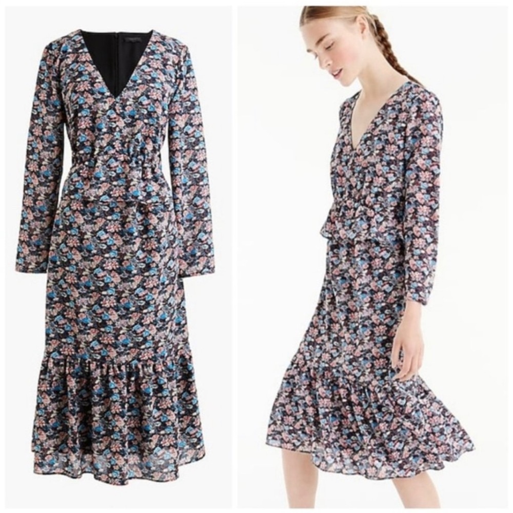 J.Crew Blue Ruffle-Hem Paisley Floral Dress - 0